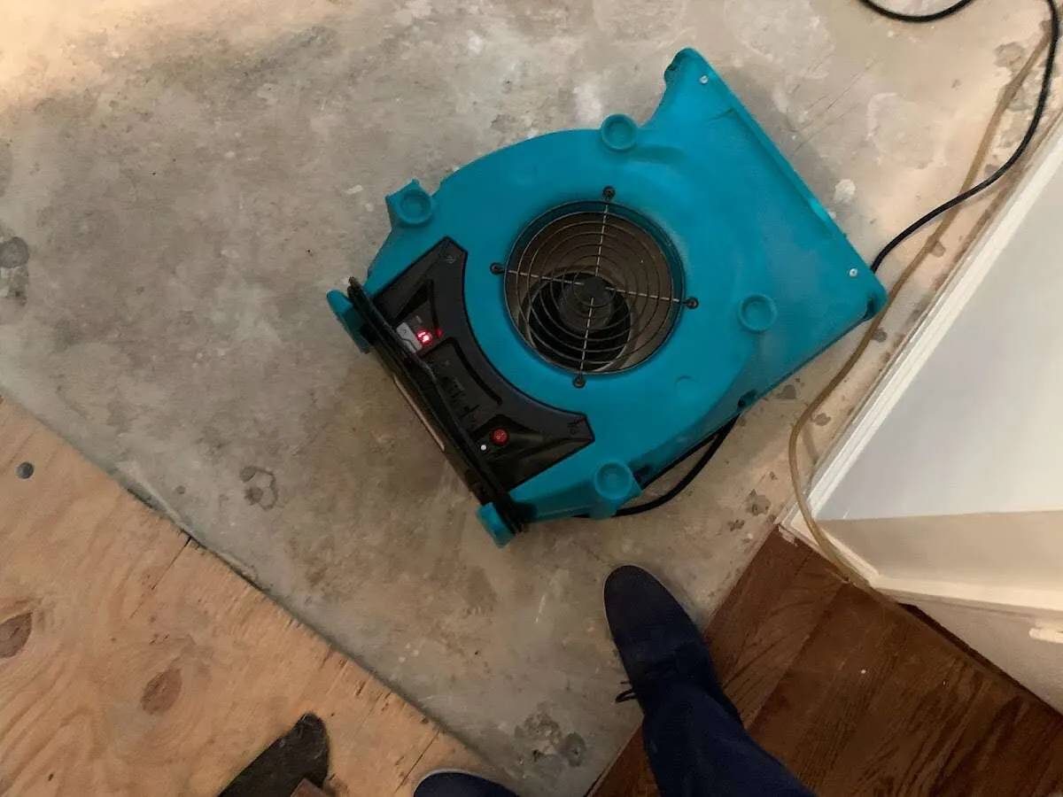 Air mover drying subfloor during Commercial Water Damage Restoration in Donaldsonville